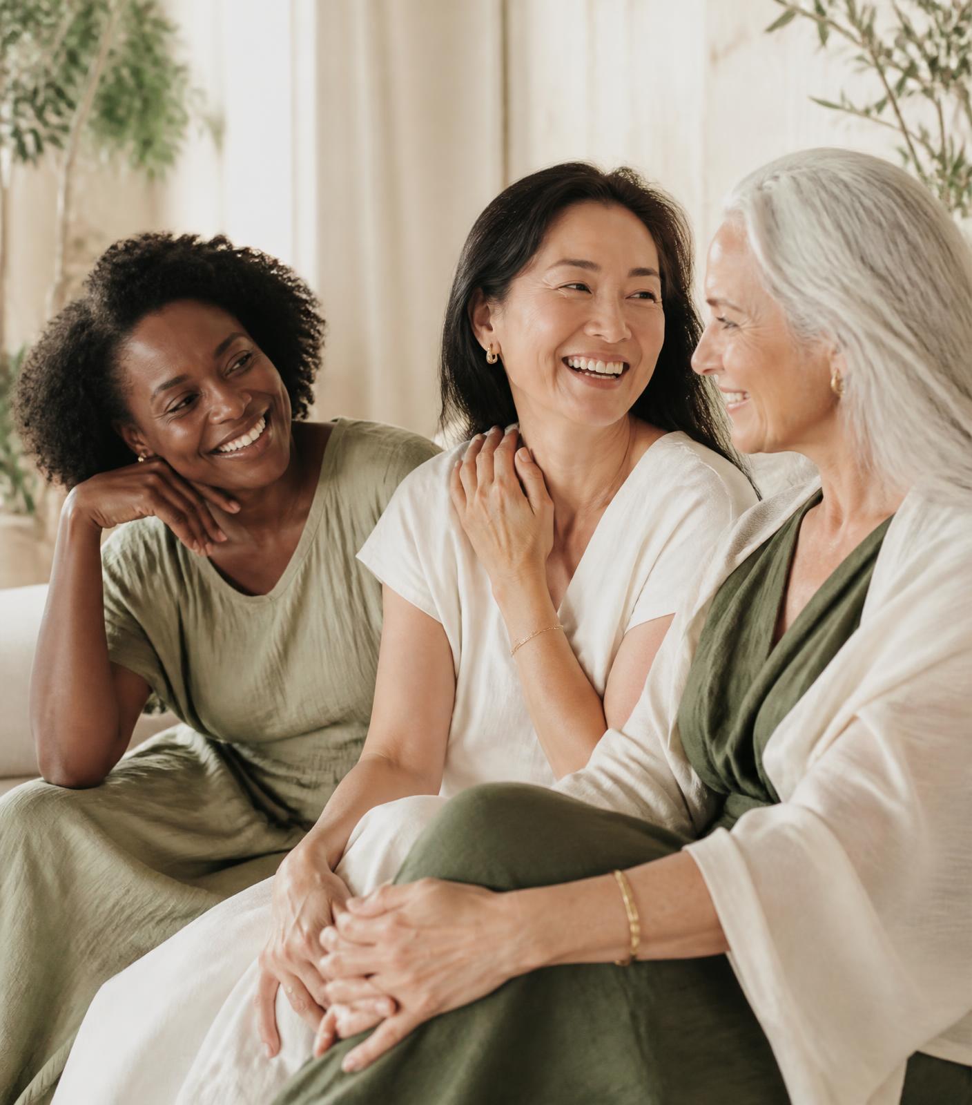 Three women of different ages and backgrounds laughing together in warm natural light