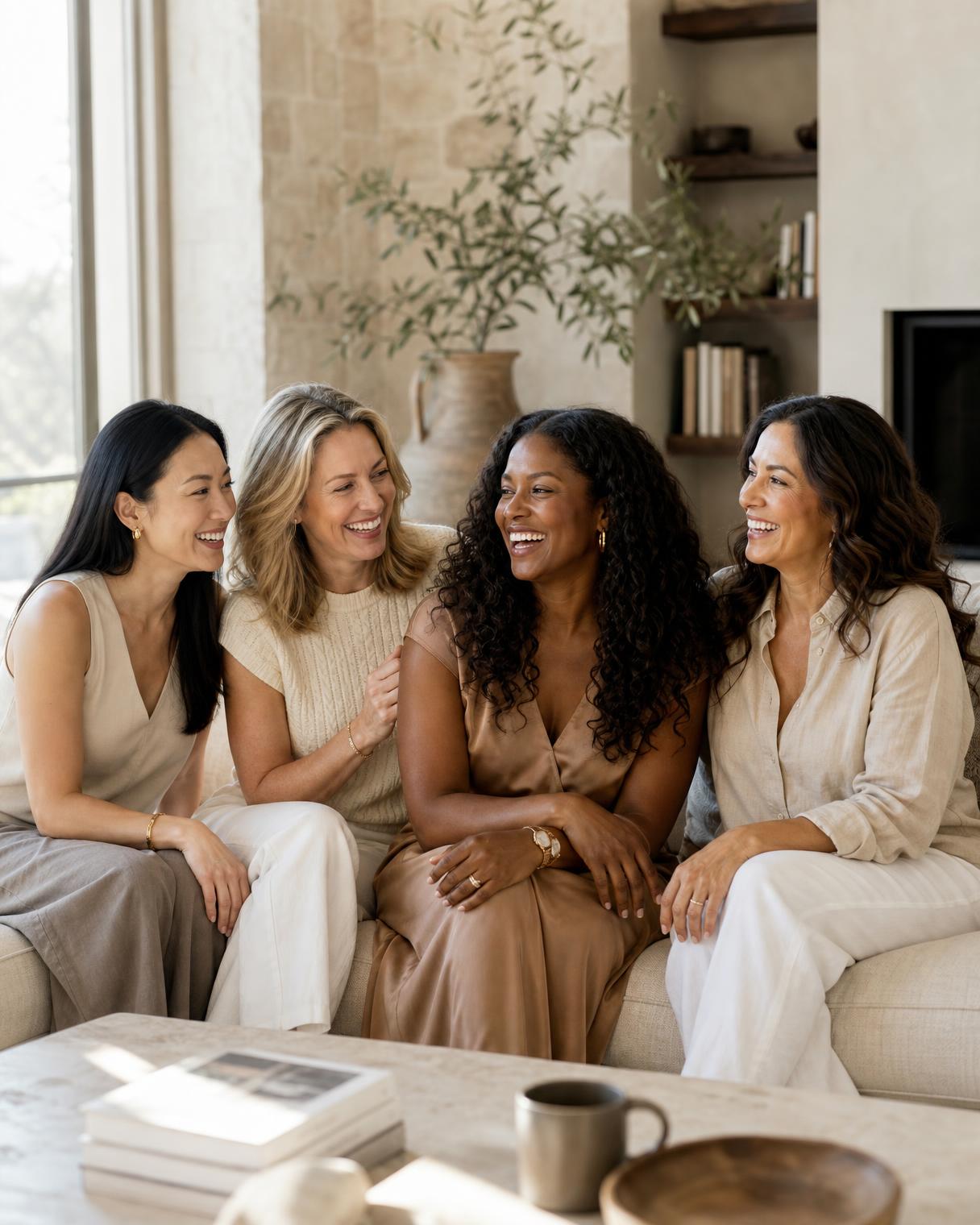 Four women of different ages and backgrounds laughing together in a warm, sunlit living room